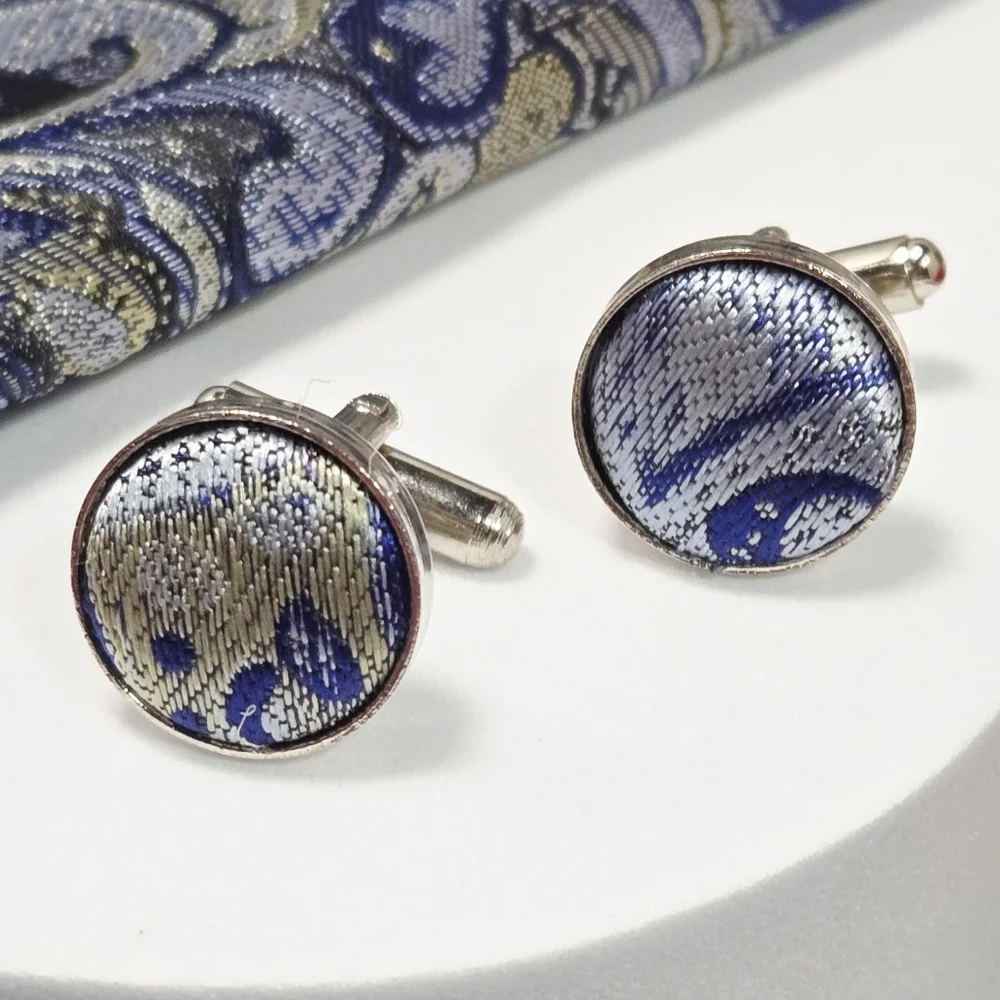 Blue Silver Paisley Bow Tie Pocket Square Cufflinks 4pc Set Wedding Prom Tuxedo